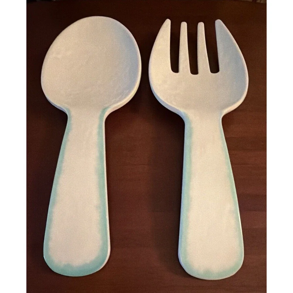 Laurie Gates Salad Server Tray Set Spoon & Fork White Teal Trim 10.5